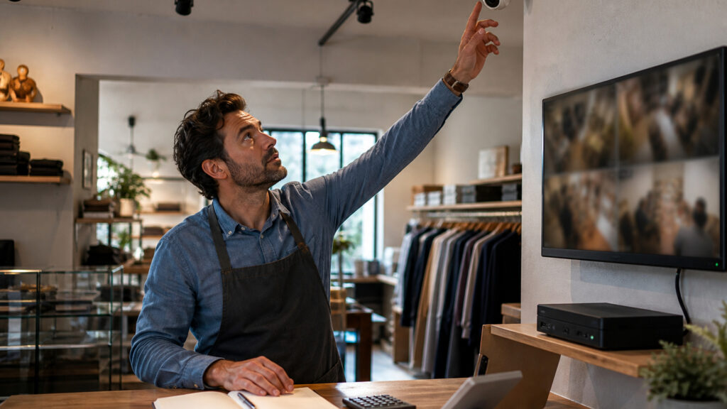 Editorial business scene illustrating business security camera systems and freelancer accounting software