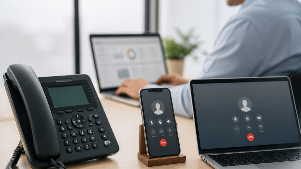 Editorial business scene illustrating business virtual phone numbers and cloud accounting software