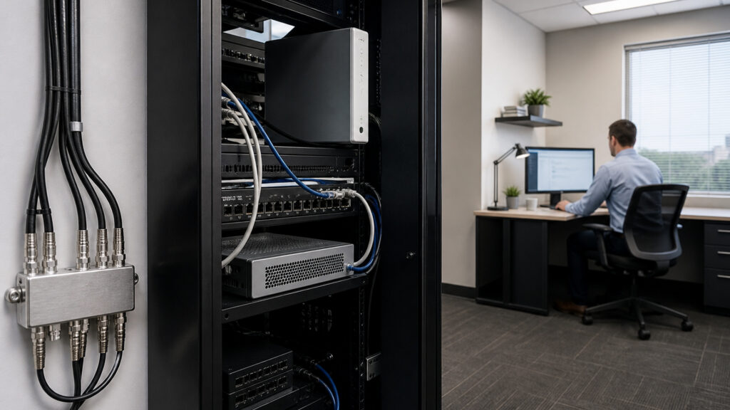 Editorial business scene illustrating cable business internet and cloud accounting software