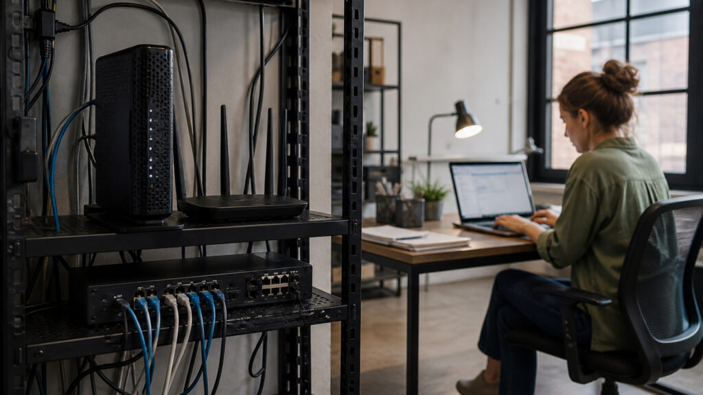 Editorial business scene illustrating cable business internet and freelancer accounting software