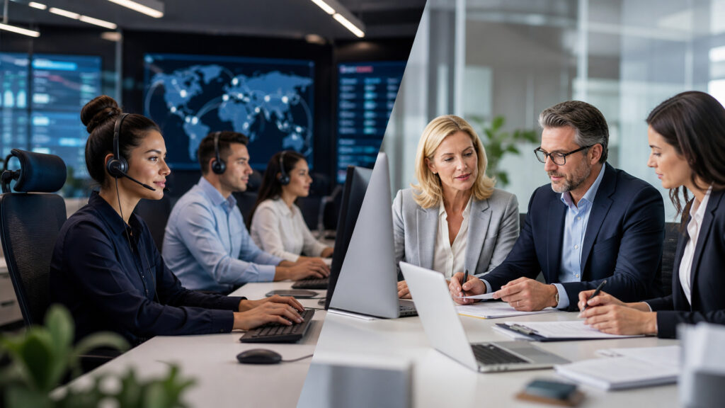 Editorial business scene illustrating call center systems and accounting software