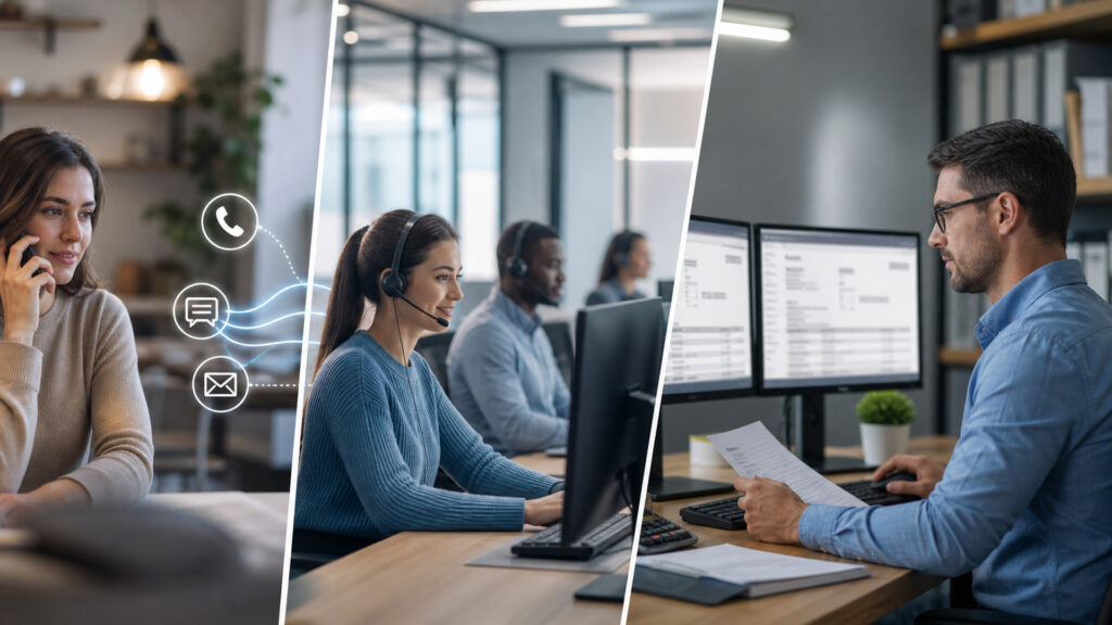 Editorial business scene illustrating call center systems and invoicing software