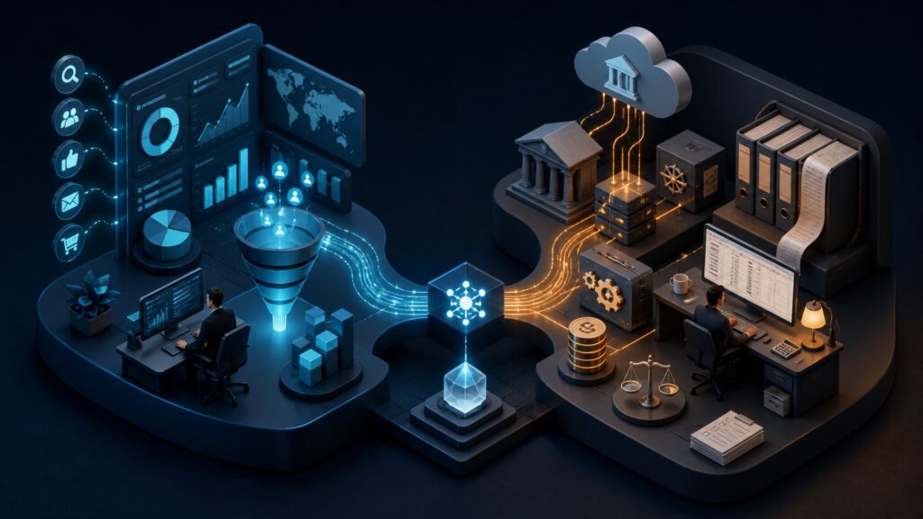 Editorial business scene illustrating campaign analytics tools and cloud accounting software