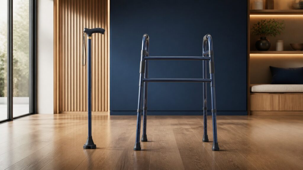 People-free editorial still life illustrating canes different from walkers