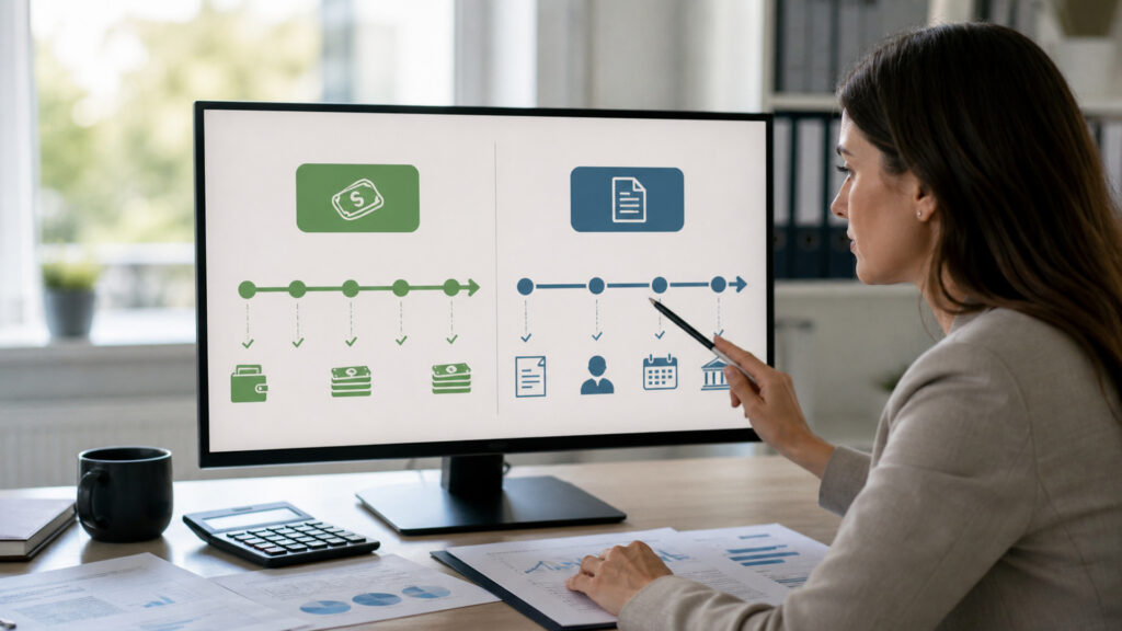 Editorial business scene illustrating cash basis accounting and accrual accounting
