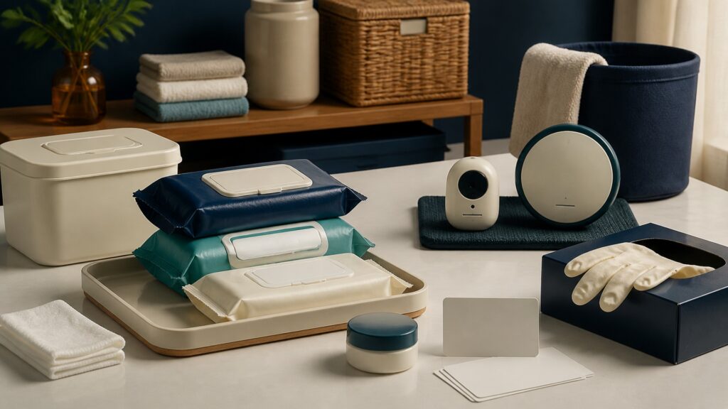 People-free editorial still life illustrating hands-on hygiene care contrasted with infant sensor-based alerting