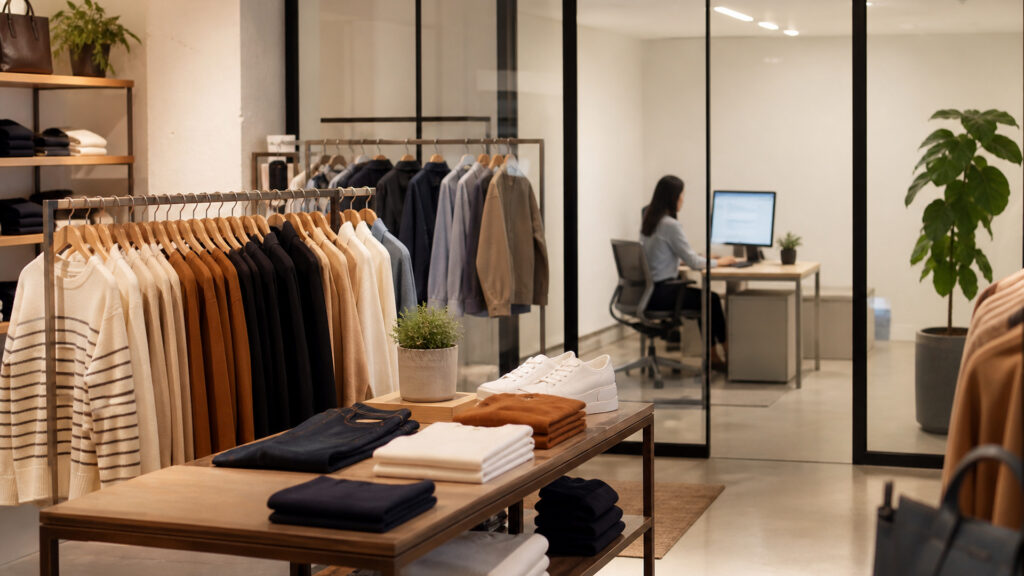 Editorial business scene illustrating clothing store fixtures and cloud accounting software