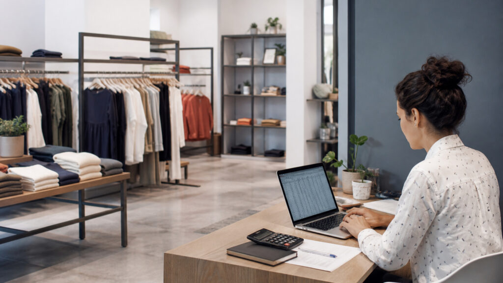 Editorial business scene illustrating clothing store fixtures and freelancer accounting software