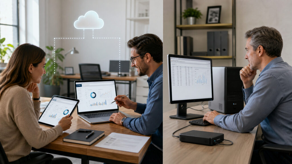 Editorial business scene illustrating cloud accounting software and desktop accounting software