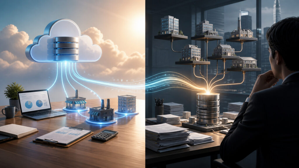 Editorial business scene illustrating cloud accounting software and enterprise accounting software