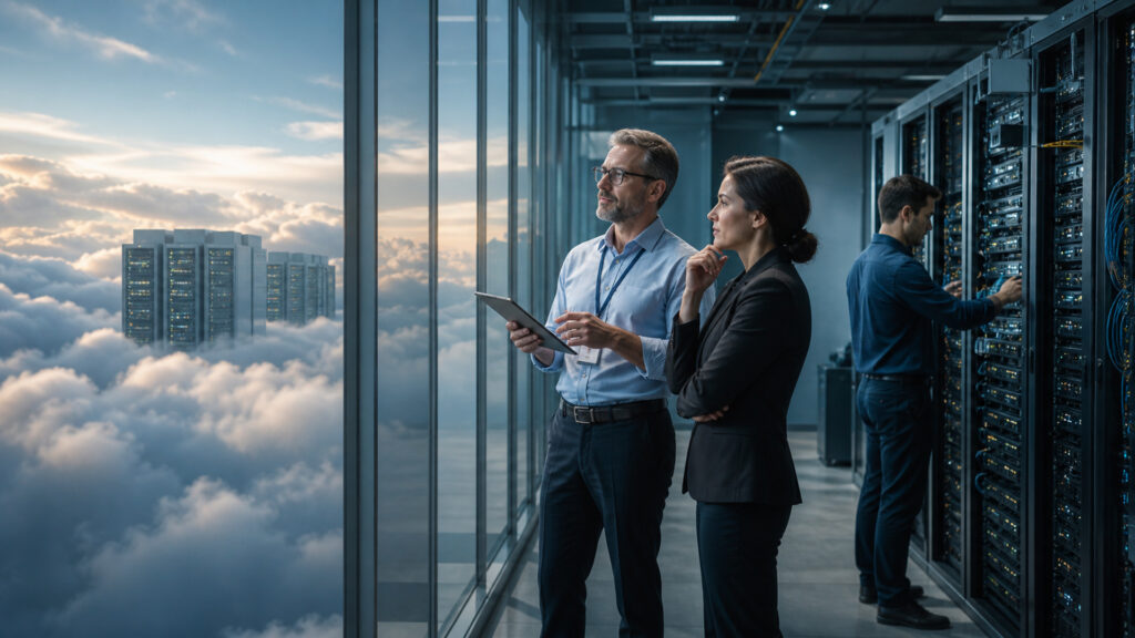 Editorial visualization explaining cloud-based and on-premise business solutions in a modern business environment