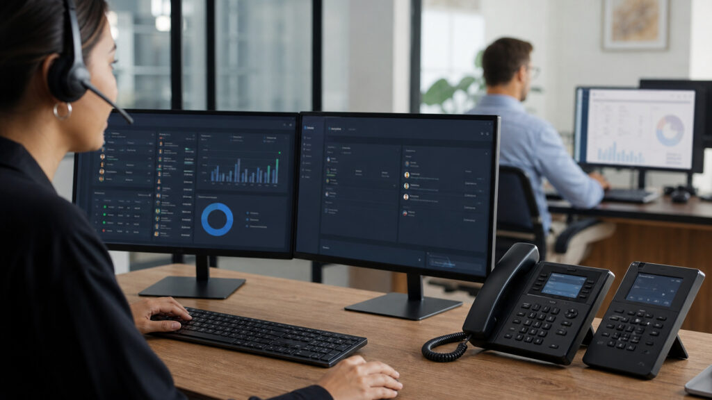 Editorial business scene illustrating cloud call routing systems and cloud accounting software