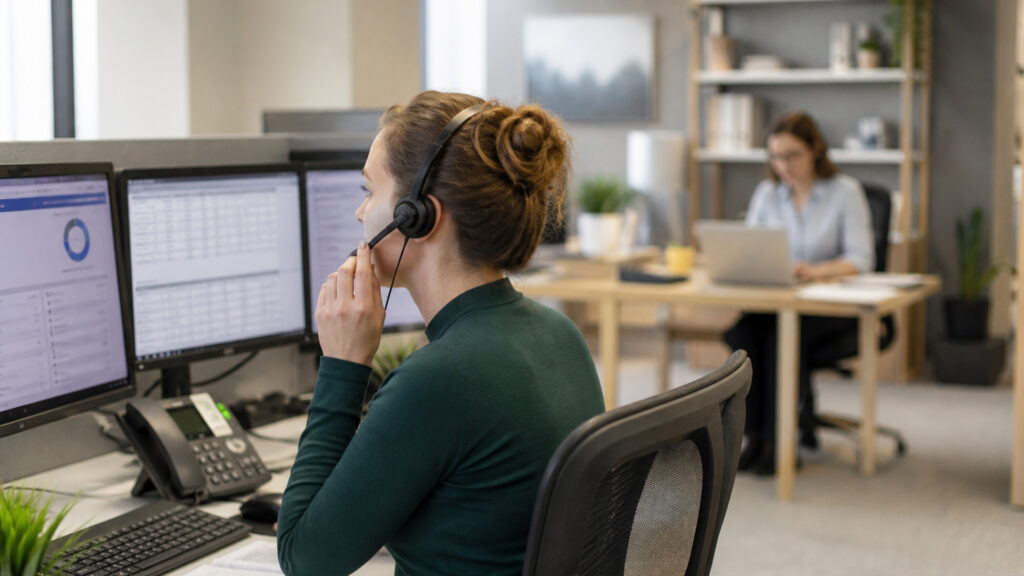 Editorial business scene illustrating cloud call routing systems and freelancer accounting software