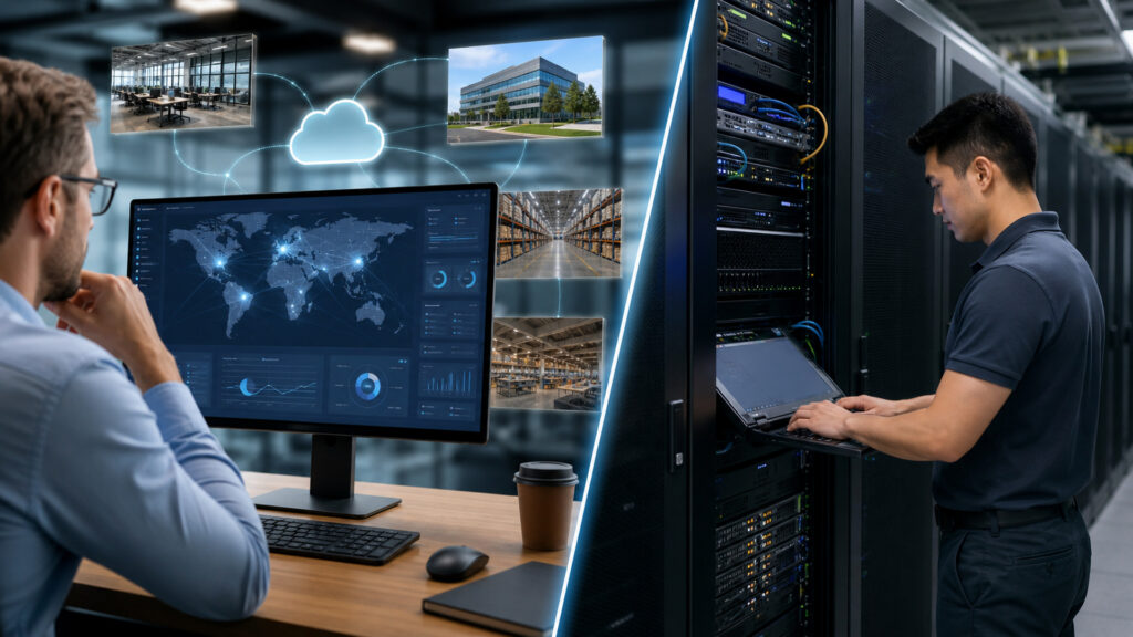 Editorial business scene illustrating cloud-managed networking and on-premise networking