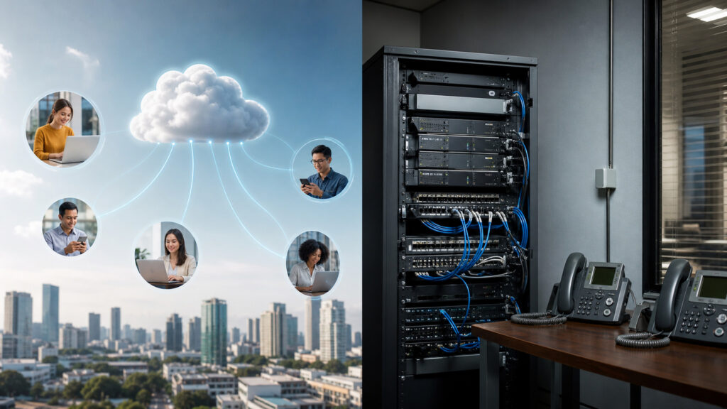 Editorial business scene illustrating cloud phone systems and on-premise pbx systems