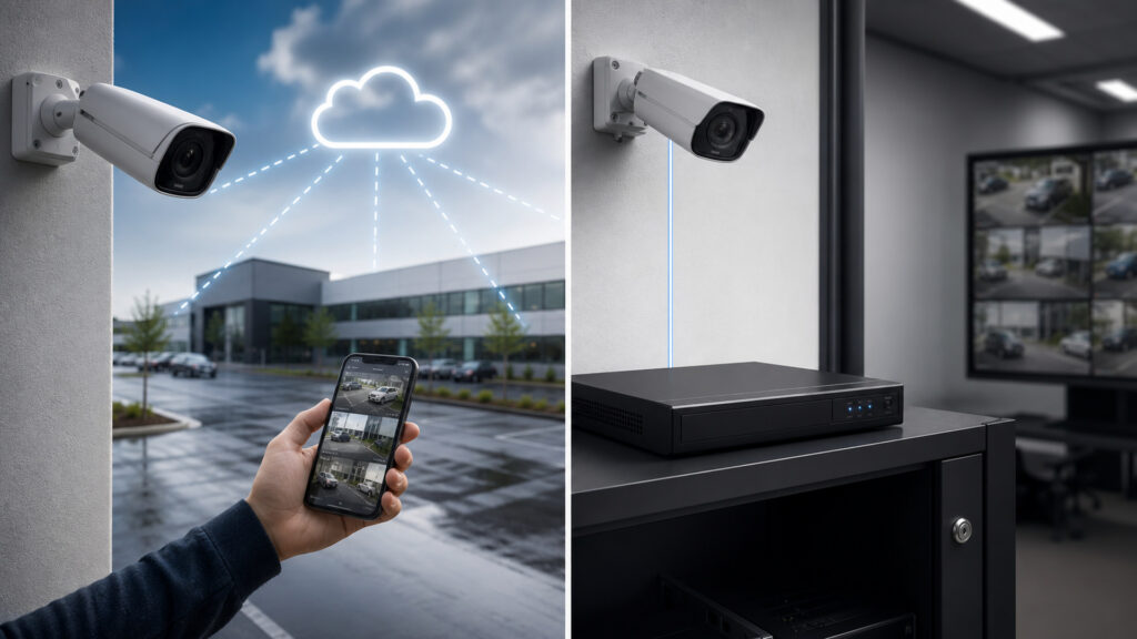 Editorial business scene illustrating cloud security cameras and local security cameras