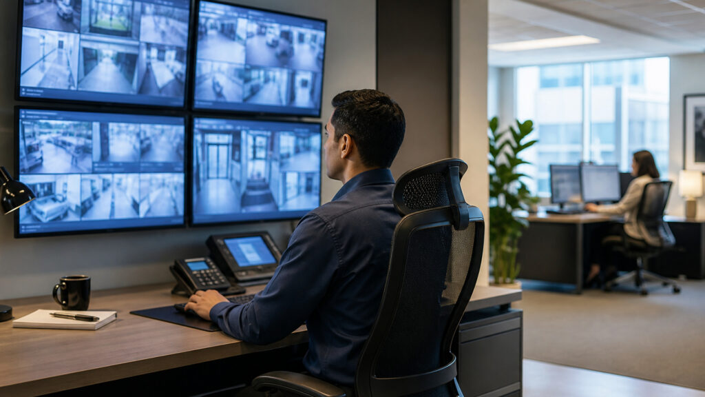 Editorial business scene illustrating cloud video surveillance systems and cloud accounting software
