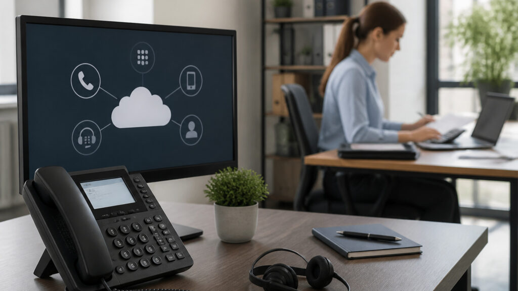 Editorial business scene illustrating cloud voip systems and freelancer accounting software