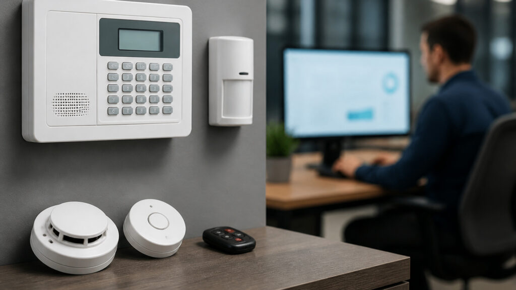 Editorial business scene illustrating commercial alarm systems and cloud accounting software