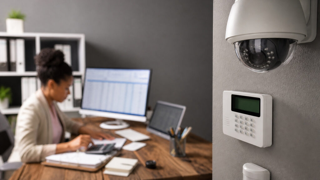 Editorial business scene illustrating commercial alarm systems and freelancer accounting software