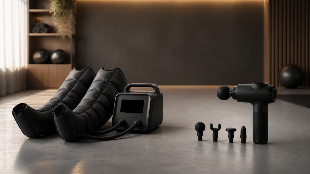 People-free editorial still life illustrating compression therapy different from percussion therapy