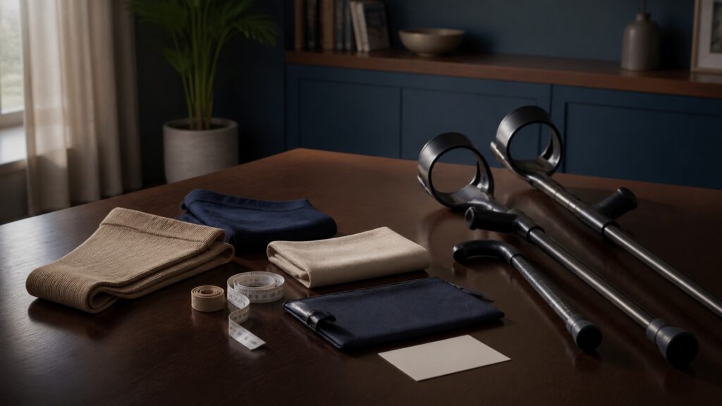People-free editorial still life illustrating worn pressure garment versus external walking support