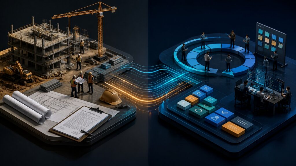 Editorial business scene illustrating construction project management software and agile project management software