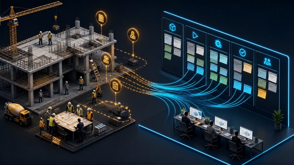 Editorial business scene illustrating construction project management software and kanban project management software
