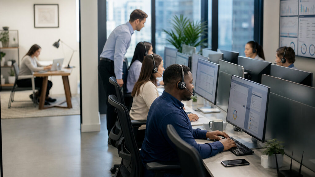 Editorial business scene illustrating contact center platforms and freelancer accounting software