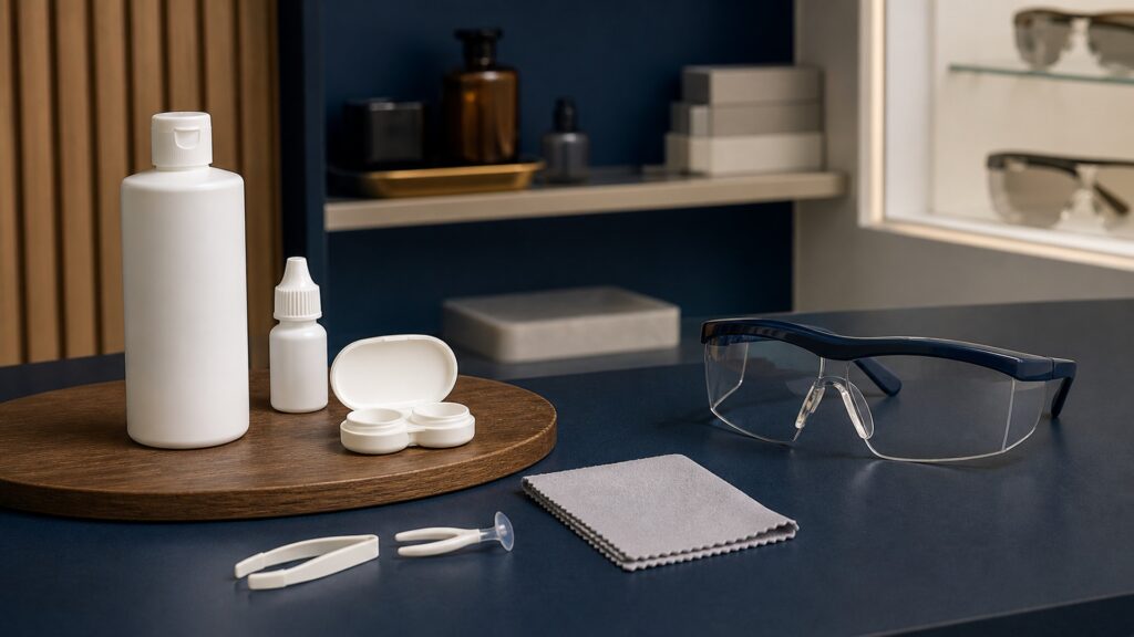 People-free editorial still life illustrating contact-lens care systems versus rated hazard protection and coverage
