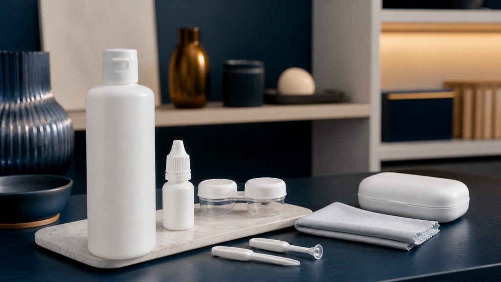 People-free editorial still life illustrating sterile lens-care tools contrasted with presbyopia magnification
