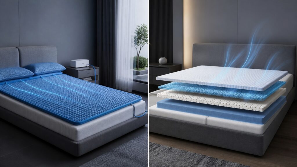 People-free editorial still life illustrating cooling sleep systems different from cooling mattresses