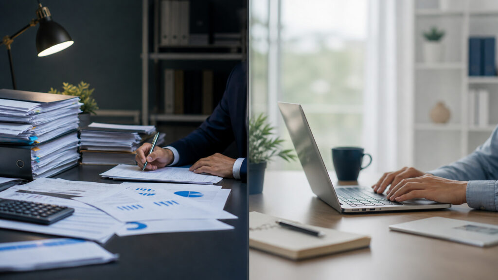Editorial business scene illustrating corporate tax software and cloud accounting software