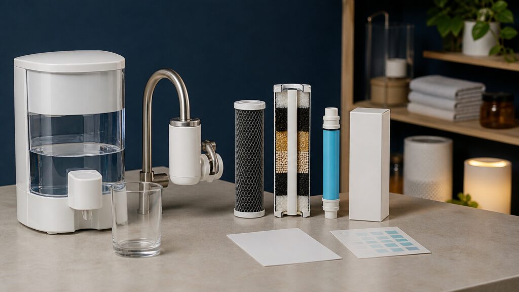 People-free editorial still life illustrating water treatment at a faucet contrasted with indoor-air sensing