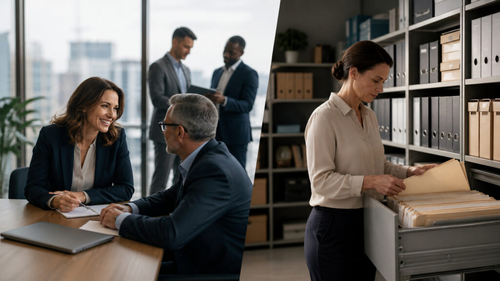 Editorial business scene illustrating (crm) software and document management software