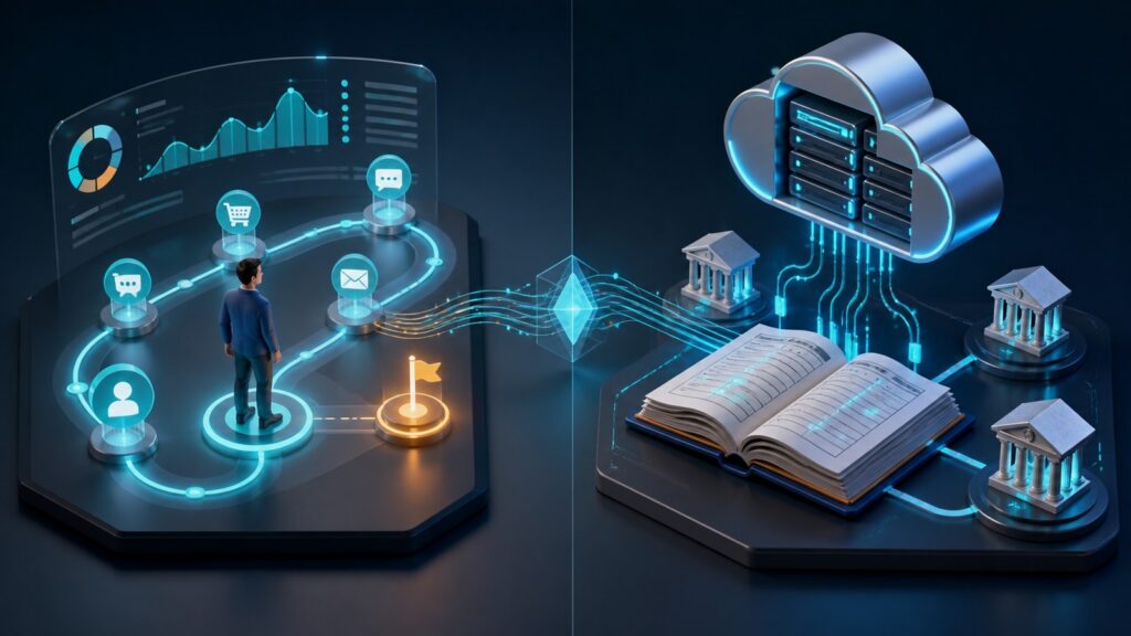 Editorial business scene illustrating customer analytics platforms and cloud accounting software