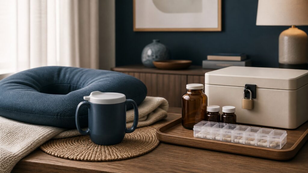 People-free editorial still life illustrating physical care assistance versus medication control