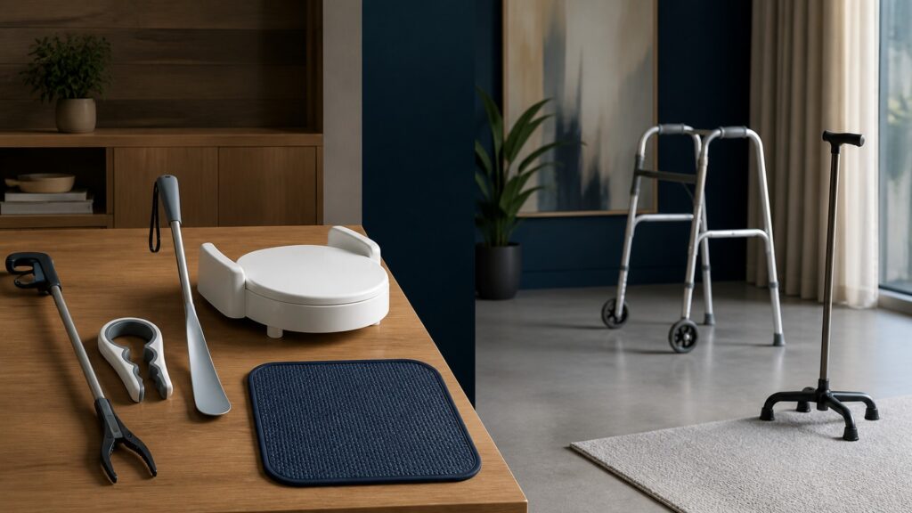 People-free editorial still life illustrating household task adaptation versus locomotion support