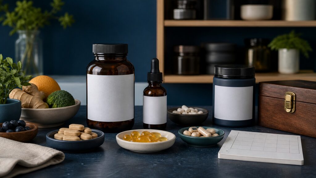 People-free editorial still life illustrating whole-intake planning versus immunity-focused ingredients