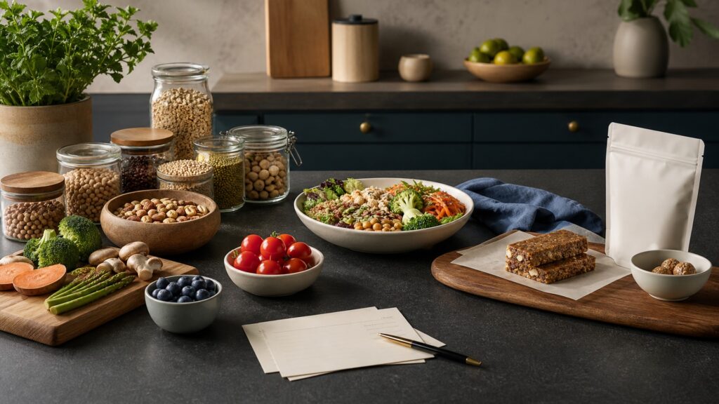 People-free editorial still life illustrating whole eating pattern versus convenient protein portion
