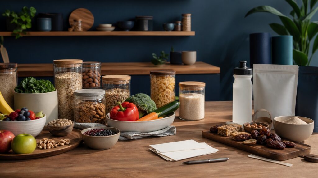 People-free editorial still life illustrating everyday dietary pattern versus training-specific fuel