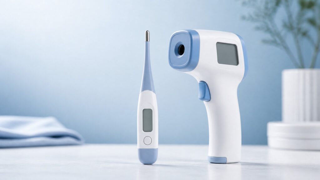 People-free comparison of an unbranded contact digital thermometer and non-contact infrared thermometer on a clean home counter