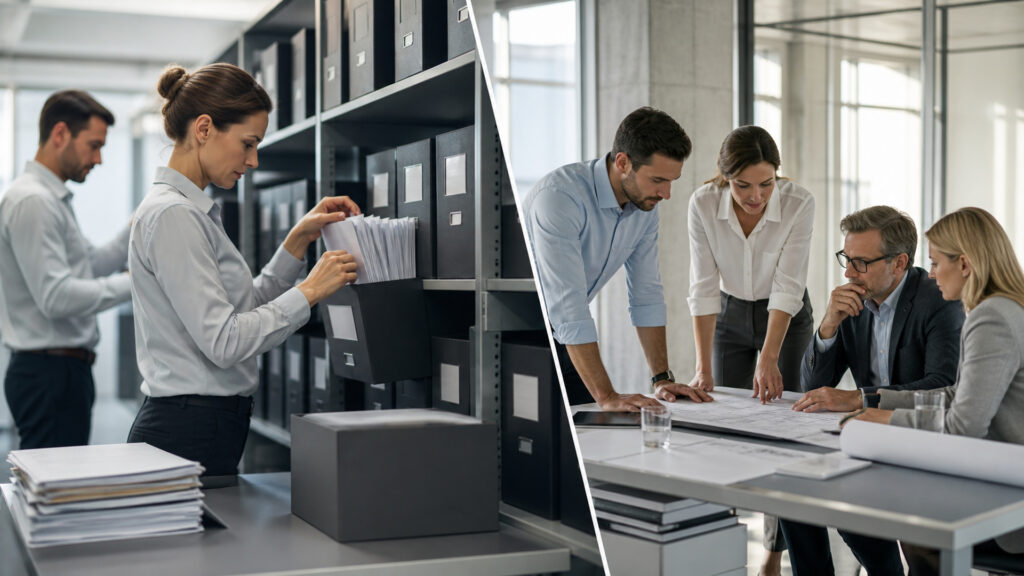 Editorial business scene illustrating document management software and project management software