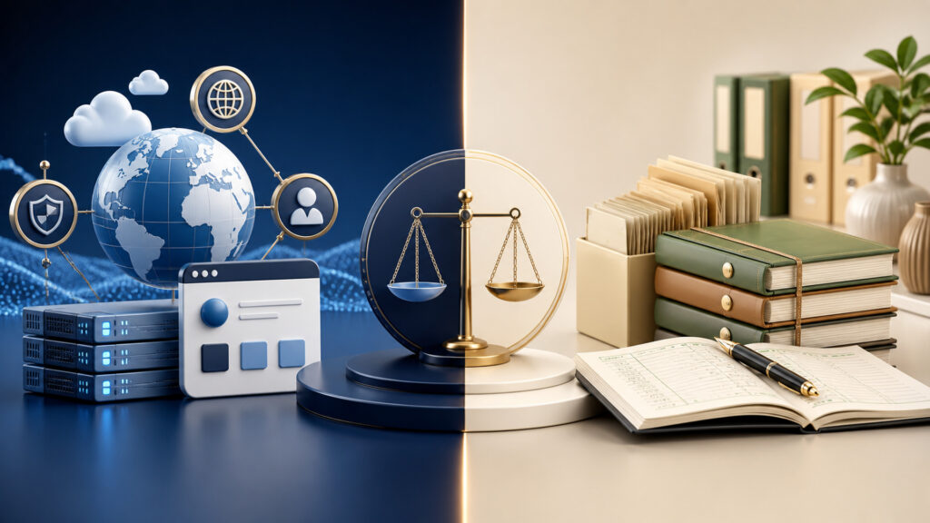 Editorial business scene illustrating domain services and accounting software