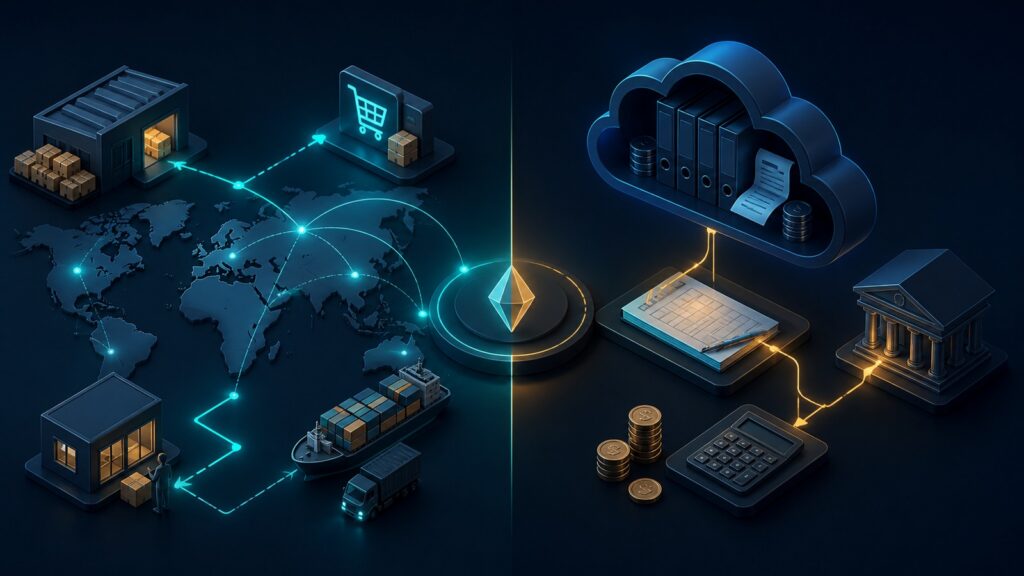 Editorial business scene illustrating dropshipping platforms and cloud accounting software