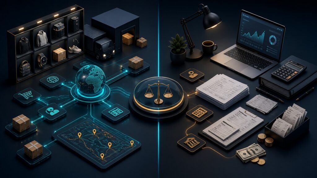 Editorial business scene illustrating dropshipping platforms and freelancer accounting software