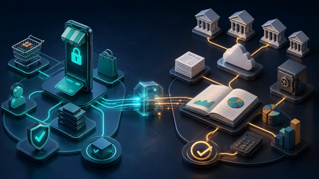 Editorial business scene illustrating ecommerce payment gateways and cloud accounting software