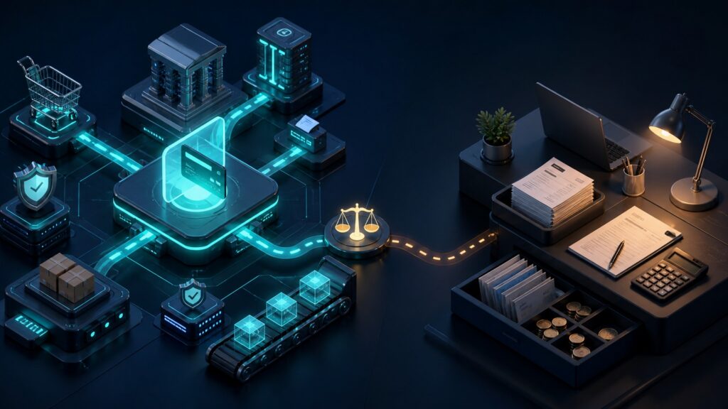 Editorial business scene illustrating ecommerce payment gateways and freelancer accounting software