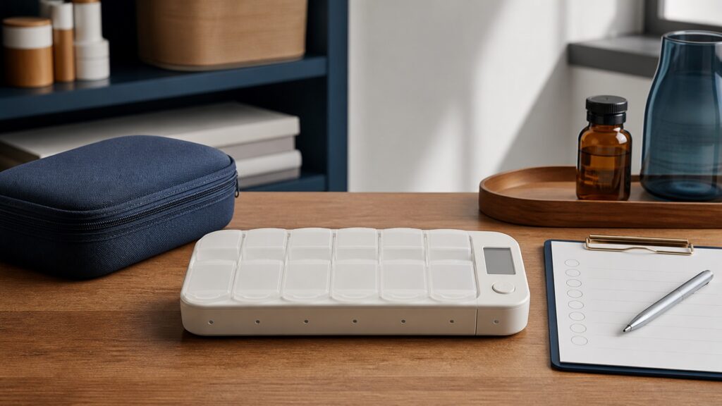 People-free editorial still life illustrating medication schedule organization contrasted with infant respiratory sensing