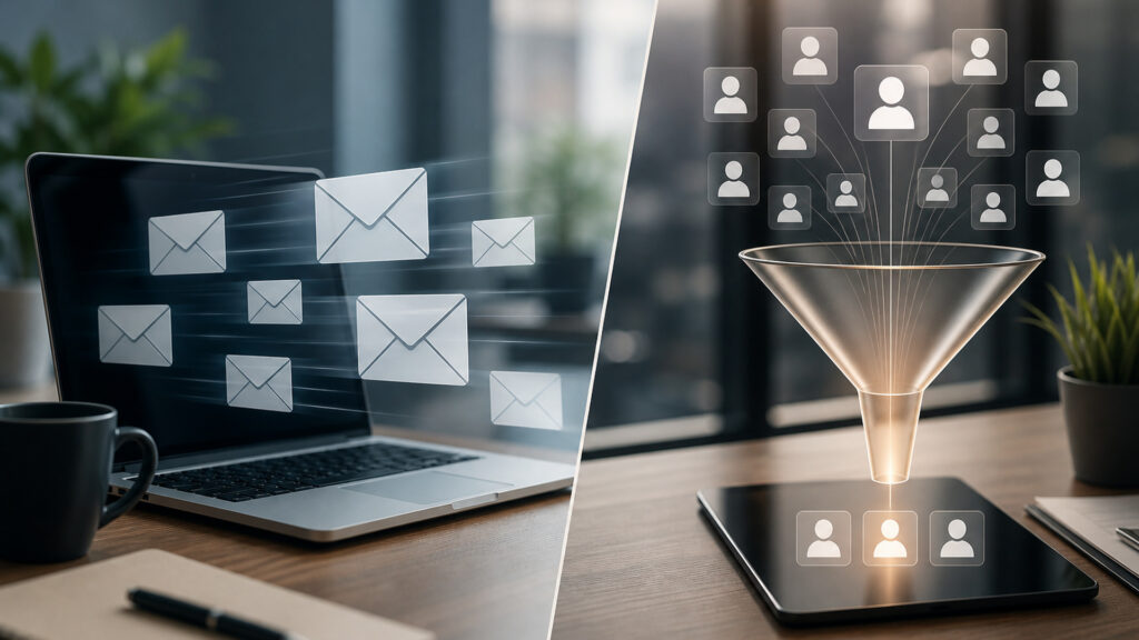 Editorial business scene illustrating email marketing software and lead generation software